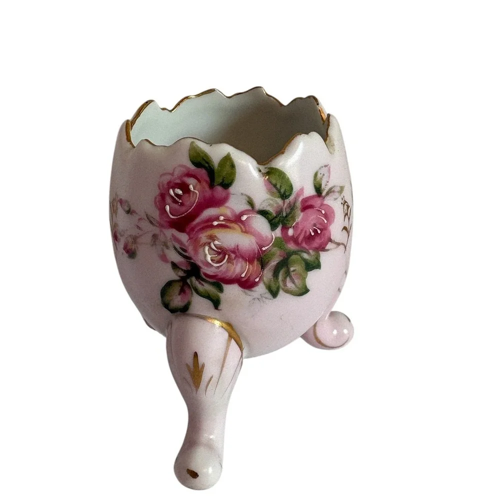Vintage Fine Quality Japan Porcelain Floral Egg Vase Pink Rose Gold Gilt Tripod‎